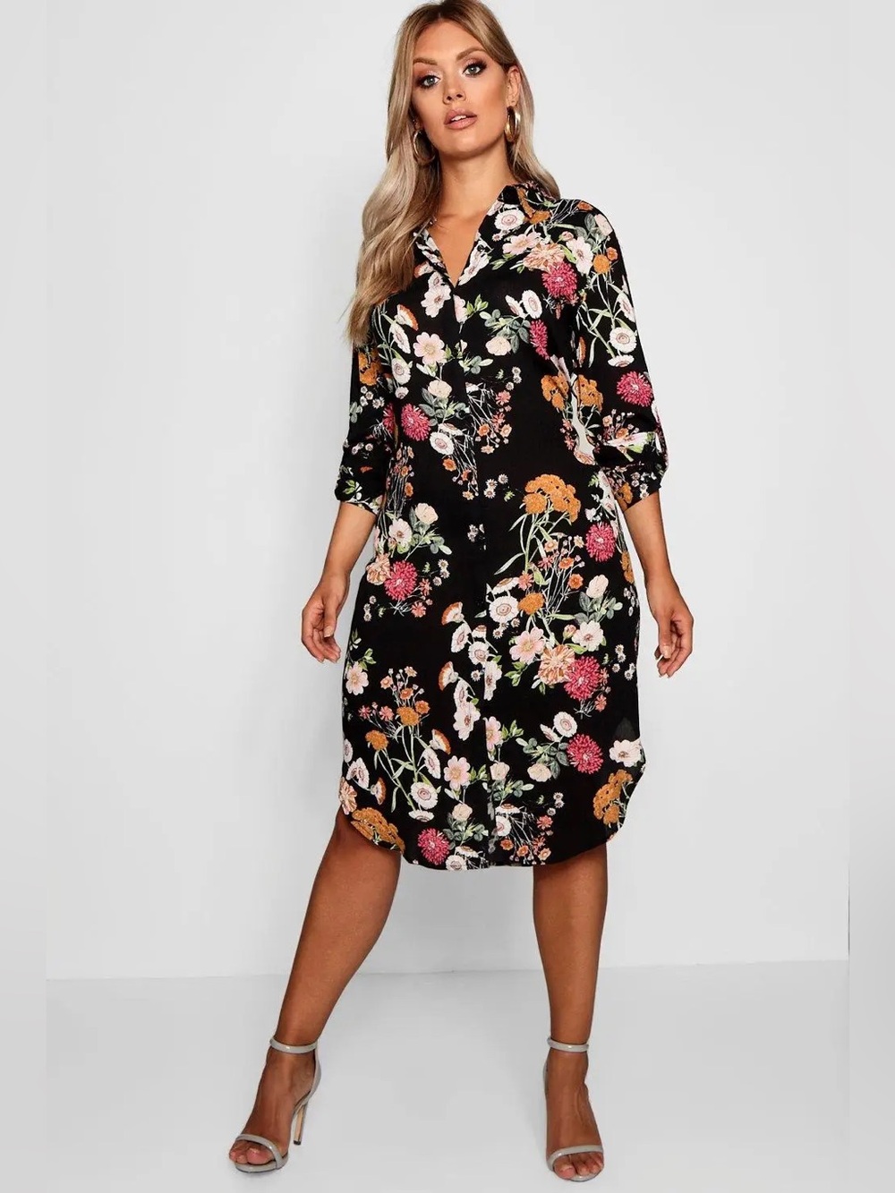 NWT Boohoo Plus Floral Printed Shirt Dress Black Floral Midi Size 18